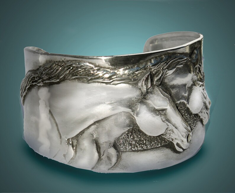 Two Horse Heads  cuff bracelet in silvery pewter handmade USA 