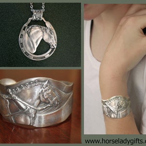 Draft Horse jewelry Gift Set, Draft Horse cuff bracelet and Horseshoe Pendant in polished silvery pewter