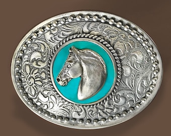 Western Mustang Horse head belt buckle with turquoise clay inlay, polished pewter handmade buckle with saddle pattern