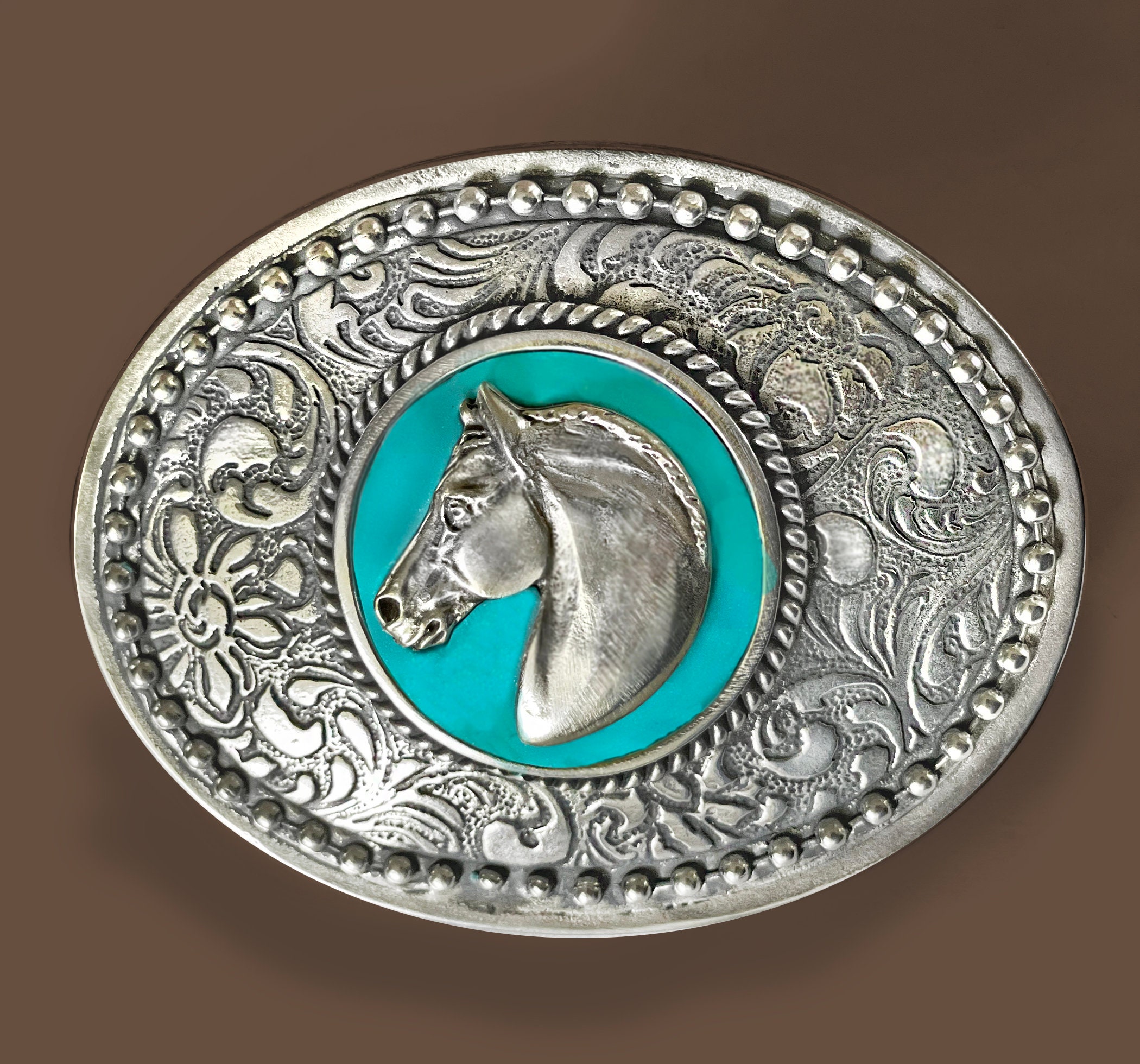 Western Mustang Horse Head Belt Buckle With Turquoise Clay  display picture 2