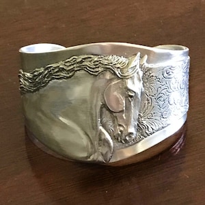 Stallion Cuff Bracelet, Friesian Horse head in high relief, handmade image 1