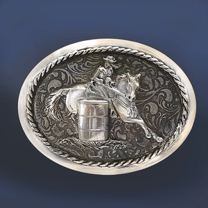Barrel Racer Horse & Rider belt buckle for women, 4 X 3 inch oval, polished pewter