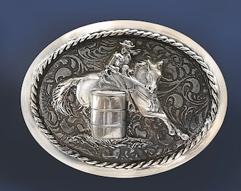 Barrel Racer Horse & Rider belt buckle for women, 4 X 3 inch oval, polished pewter