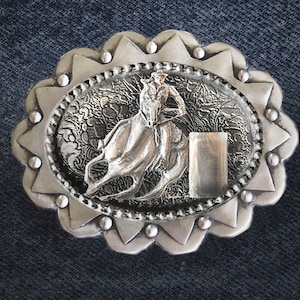 The Barrel Racer , western concho girls belt buckle in polished silvery pewter