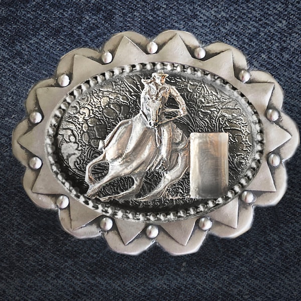 The Barrel Racer , western concho girls belt buckle in polished silvery pewter