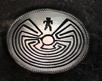 Man in the Maze labyrinth belt buckle, men's Western buckle in polished silvery pewter