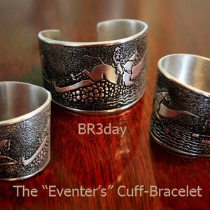 Horse cuff bracelet showing jumping, dressage and cross country events, handmade by artist USA