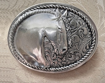 Western Belt Buckle with Lusitano Horse head, braided mane in high sculptural relief