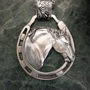 Draft Horse pendant in horseshoe frame on 30 inch stainless steel chain, mirror polished pewter necklace