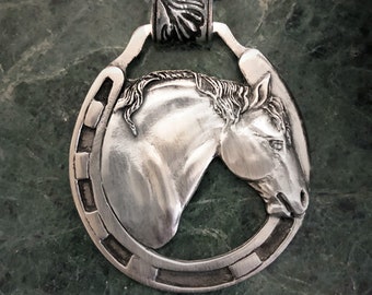 Draft Horse pendant in horseshoe frame on 30 inch stainless steel chain, mirror polished pewter necklace