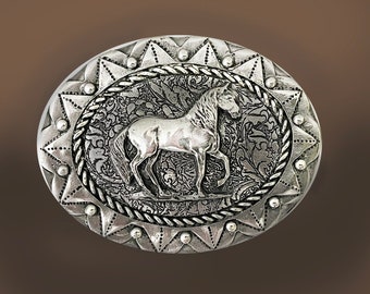 Paso Fino Belt Buckle with Horse Gaiting, Western Concho style in pewter