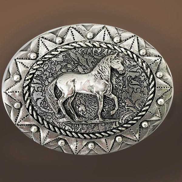 Paso Fino Belt Buckle with Horse Gaiting, Western Concho style in pewter