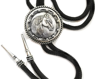 Paso Fino Horse Bolo Tie in polished pewter with fancy tips