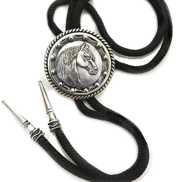 Paso Fino Horse Bolo Tie in polished pewter with fancy tips