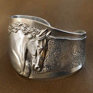 Stallion Cuff Bracelet, Friesian Horse head in high relief, handmade image 3