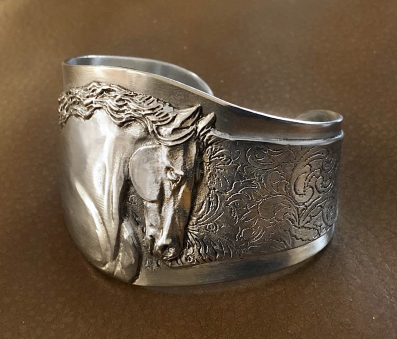 Stallion Cuff Bracelet, Friesian Horse head in high relief, handmade image 3