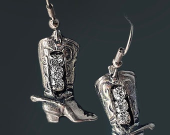 Cowgirl Boot Earrings with Rhinestone sparkle, light weight polished pewter, hypoallergenic wires