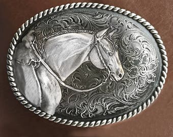 Horse Lady Gifts apparel, Western Belt Buckle, American Quarter Horse silvery pewter buckle