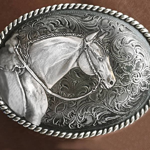 Horse Lady Gifts apparel, Western Belt Buckle, American Quarter Horse silvery pewter buckle