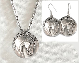 Little Stallion Pendant & Earring set in polished silvery pewter, hypoallergenic