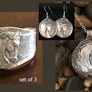 Horse Lady's Friesian Stallion Jewelry 3 piece Gift Set in polished silvery pewter