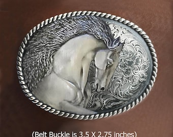 Handmade Pewter Western Belt Buckle, Sculptured Stallion Horse 