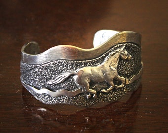 Mountain Horse cuff, sculptural, silvery pewter, handmade USA