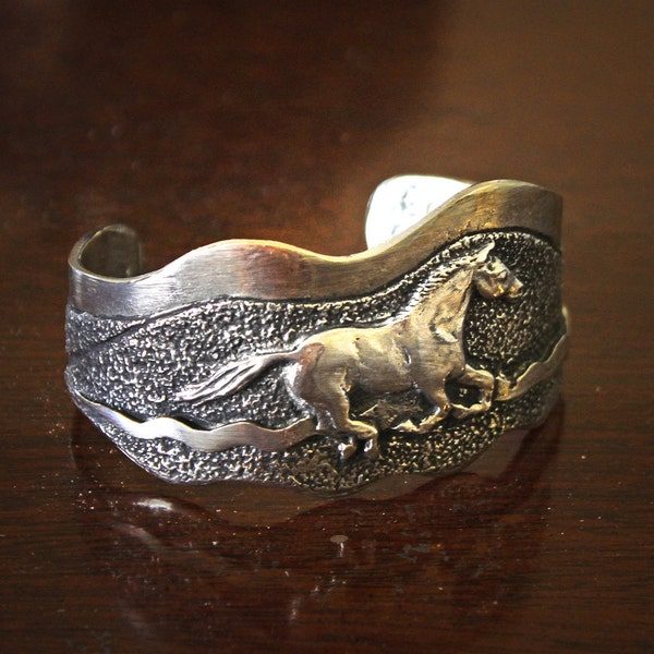 Mountain Horse cuff, sculptural, silvery pewter, handmade USA