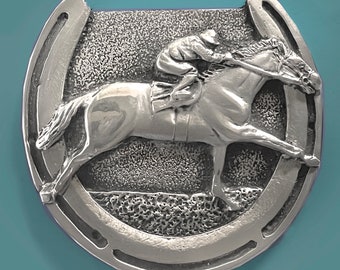 Racehorse "Lucky Buckle" belt buckle , 3 X 3 inches with 1 3/4 inch loop, solid polished pewter