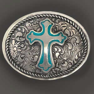 Western Cross belt buckle with Rope frame & Saddle pattern background, solid pewter ,standard 1 3/4 inch loop