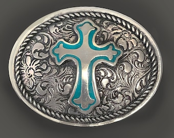 Western Cross belt buckle with Rope frame & Saddle pattern background, solid pewter ,standard 1 3/4 inch loop