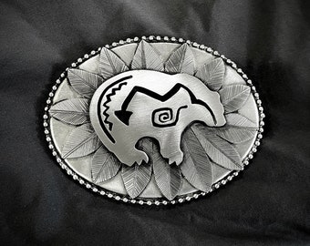 Bear Belt Buckle "Spirit Bear" sits on a burst of eagle feathers, Native inspired Western men's belt buckle in silvery pewter, 3 3/4" X 3"