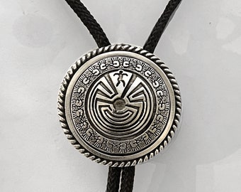 Man in the Maze with Native Hands Bolo Tie, in silvery pewter with pewter tips