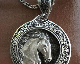 Friesian Horse head sculptured 2 inch pendant in fancy pewter frame