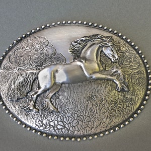 Frolicking Friesian Horse belt buckle, Handmade in pewter, Western buckle with standard loop