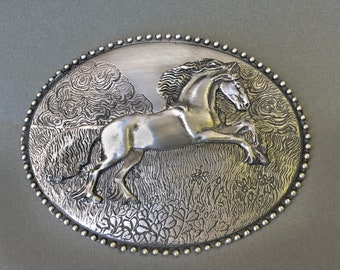 Frolicking Friesian Horse belt buckle, Handmade in pewter, Western buckle with standard loop