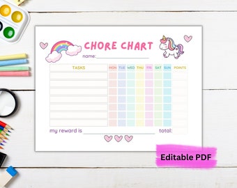 Chore Chart for Kids, Printable Behaviour Chart, Editable Kids Chore Chart, Weekly Chore Chart, Unicorn Gifts, Responsibility Chart for Kids