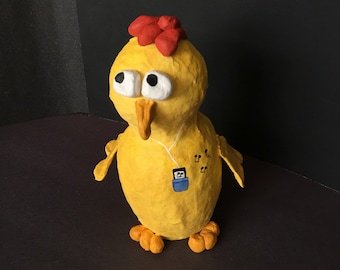 Handmade Paper Mache Chick Sculpture, Whimsical Kids Room Decor