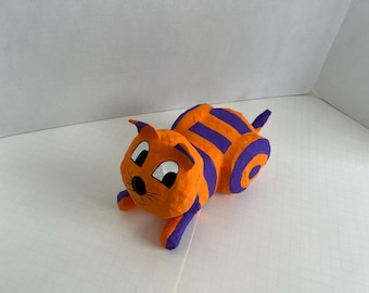 Handmade Paper Mache Cat Sculpture, Striped Animal Figurine
