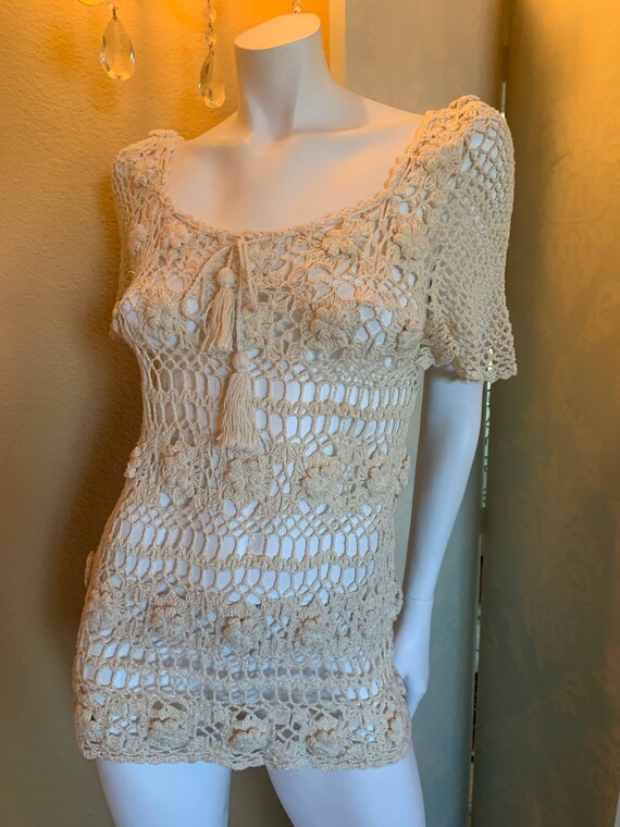 Creamy Vintage Crocheted Peasant Top or Tunic