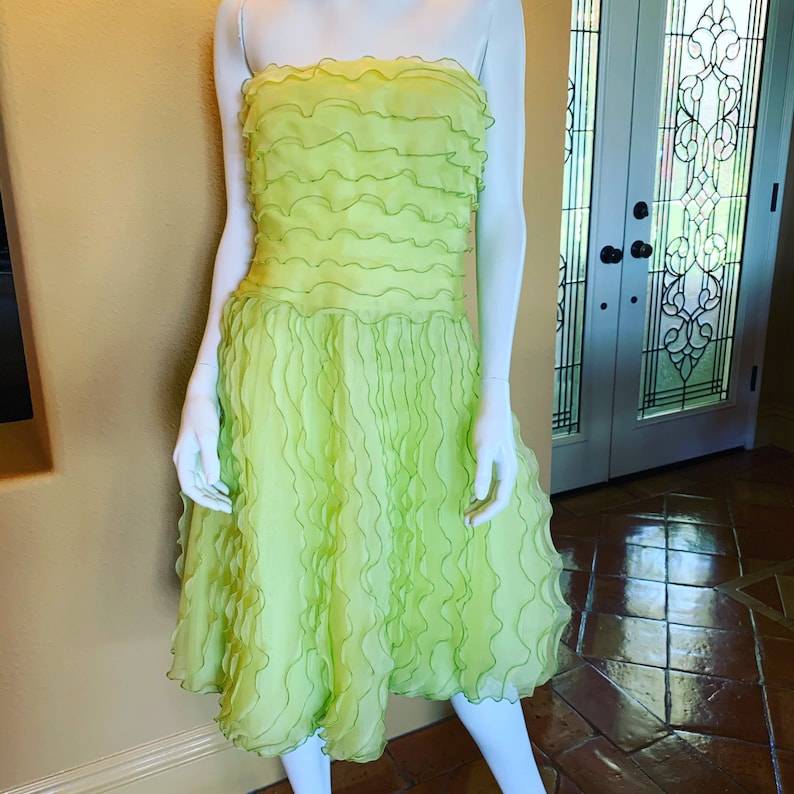 Lime Ruffled Silk Oscar de la Renta Cocktail Dress image 1