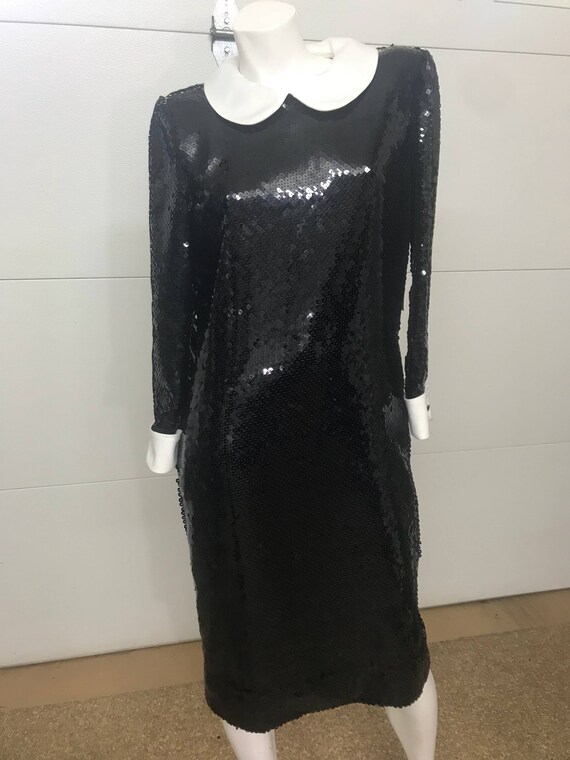 Jill Richards Black Sequined Dress w/ White Satin… - image 1