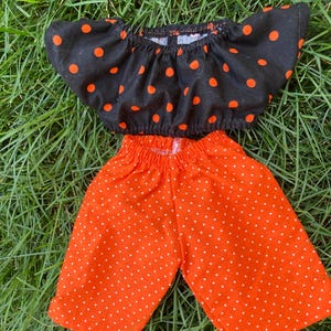 HALLOWEEN! Cabbage Patch Doll Clothes, 16&quot; Girl Doll Clothes, Black Orange Crop Top and Orange Polka Dot Pants- 2 pc outfit