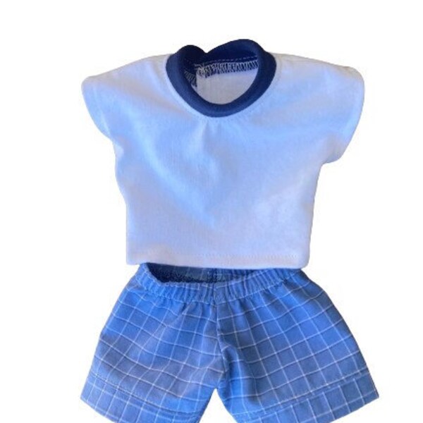 12-13" Inch Cabbage Patch Doll Clothes. Fits Boy dolls. White T-shirt and Blue Check Shorts