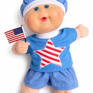 Cabbage Patch Clothes, Fits 12-13 inch Boy Doll, Blue Patriotic Star Appliqued T-shirt, Shorts, and Hat