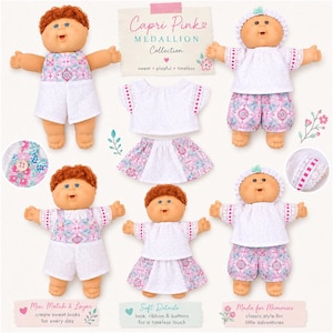 May include: Four dolls with reddish-brown hair and tan skin wearing outfits from the Capri Pink Medallion Collection. The clothing features white fabric with pink, blue, and green floral patterns, lace trim, and buttons. Includes separate tops and skirts.