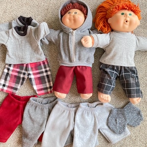 Cabbage Patch Clothes, Fits 16" Boy Doll, Grey Burgundy Red Collection. T-shirt, Pants, Flannel Pants,Socks. Jacket, MIX and MATCH