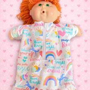Cabbage Patch Clothes, Fits 16 Inch Girl Doll, Spring Pajamas, White Heart Rainbow Unicorn Flannel Sleep Sack