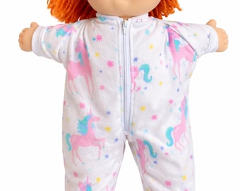 Cabbage Patch Clothes, Fits 16 Inch Girl Doll, White Pink Aqua Unicorn Star Print, Flannel Pajamas