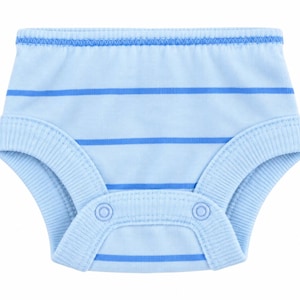 May include: A light blue diaper cover featuring horizontal dark blue stripes. The garment has a ribbed elastic waistband and leg openings, with two snap fasteners located at the center front for secure closure and easy adjustment.